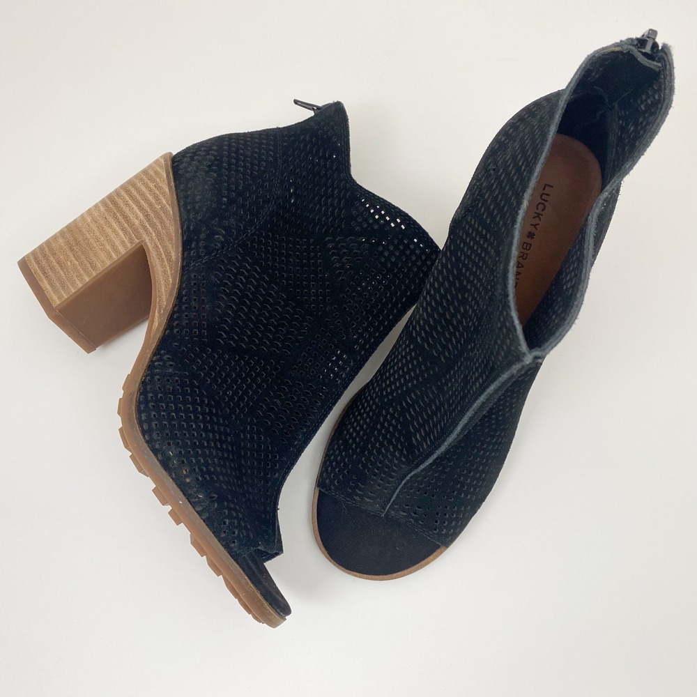 Lucky Brand Vacob Perforated Leather Peep Toe Block Heel Booties Womens 10 Black